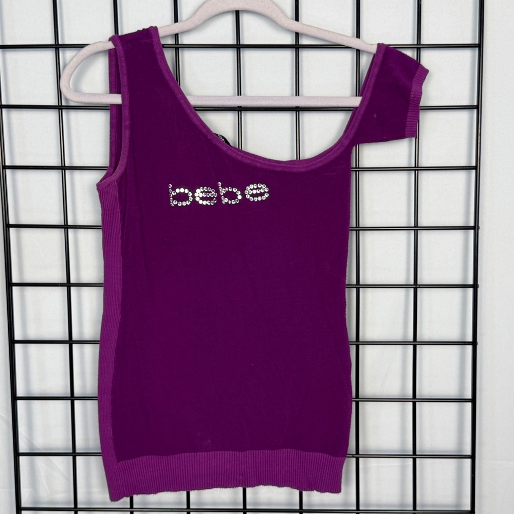 Bebe One Shoulder Top Womens S Purple Rhinestone Logo Y2K Asymmetrical Knit